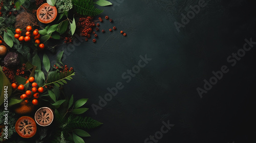 Natural organic banner with fruits and vegetable on isolated dark background. Border, frame. Copy space. Generative AI