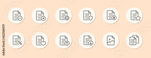 File line icon. Plus, minus, information, settings, data security, heart, favorites. Pastel color background. Vector line icon for business photo