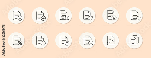 File line icon. Plus, minus, information, settings, data security, heart, favorites. Pastel color background. Vector line icon for business
