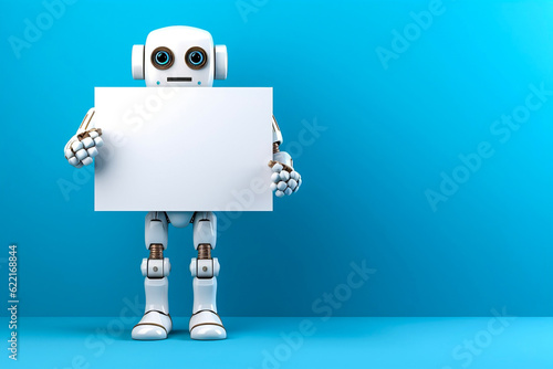 Robot With black white card. Mock up for advertising, business. Future Technology