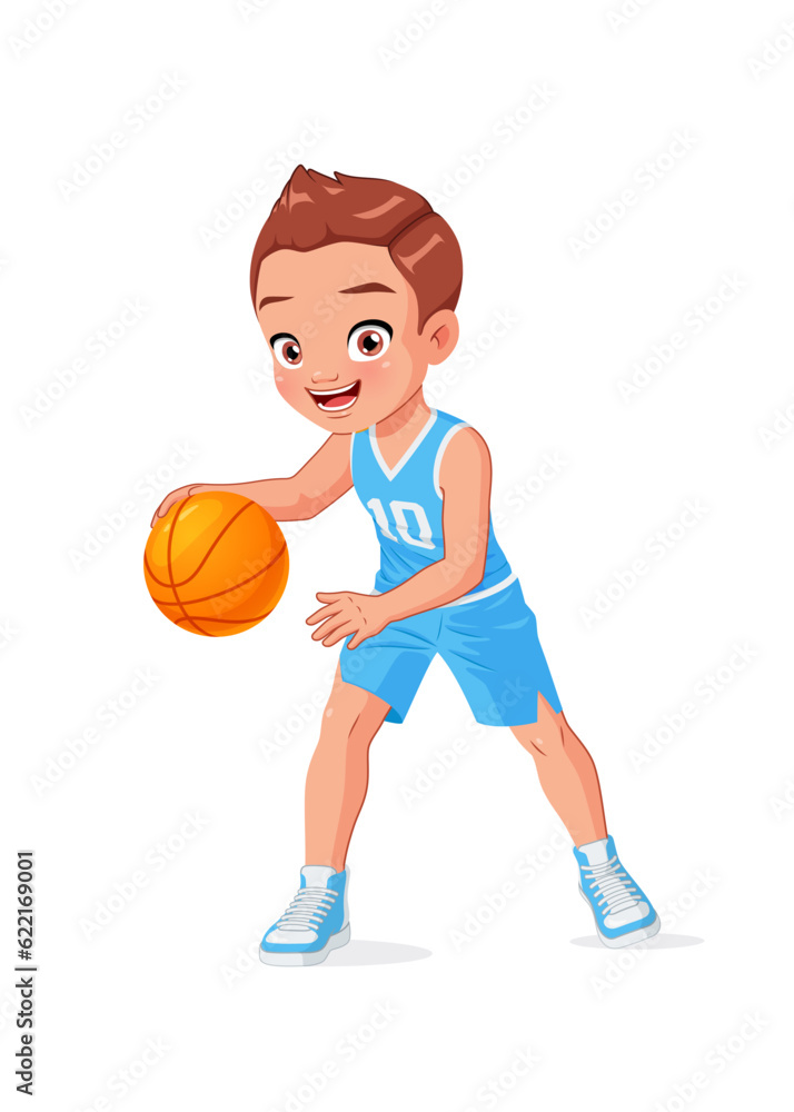 Cute little kid playing basketball. Cartoon vector illustration.