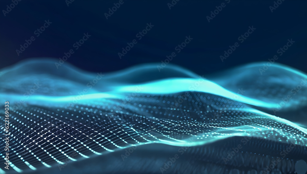 Data technology illustration. Abstract futuristic background. Wave with connecting dots and lines on dark background. Wave of particles.- Ai Generative Data technology illustration. Abstract futuristic background. Wave with connecting dots and lines on dark background. Wave of particles.- Ai Generative