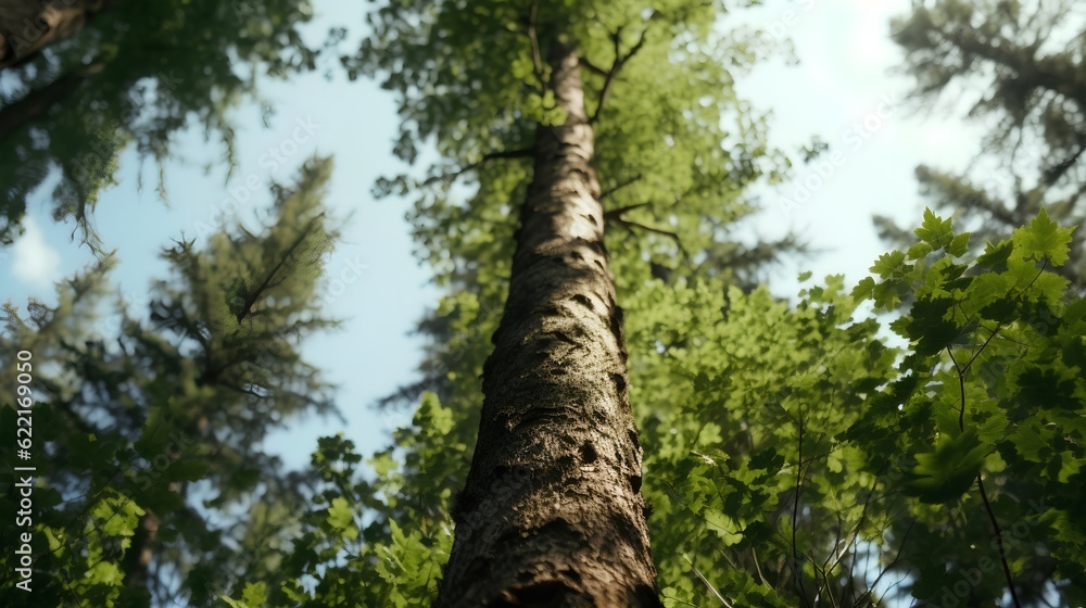 Fototapeta premium Illustrating the sustainable future of green energy, a tree trunk extends toward a blue sky with lush green leaves in view. The beauty and vitality of nature's renewable resources. Generative AI
