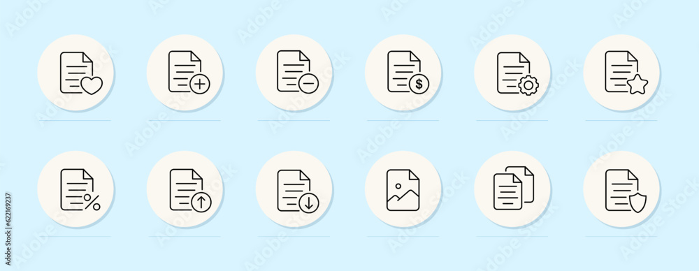 File line icon. Plus, minus, information, settings, data security, heart, favorites. Pastel color background. Vector line icon for business File line icon. Plus, minus, information, settings, data security, heart, favorites. Pastel color background. Vector line icon for business