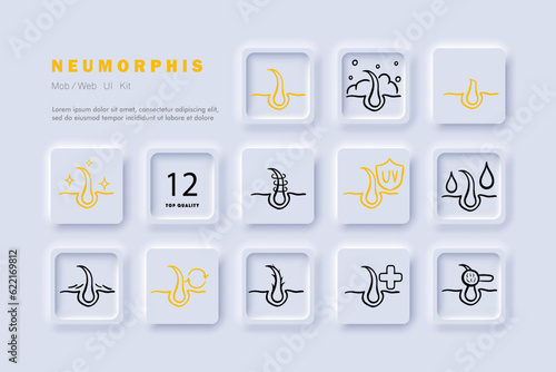 Hair care line icon. Shampoo, conditioner, scalp care, balm, moisturizing, split ends. Neomorphism steyle. Vector line icon for Business