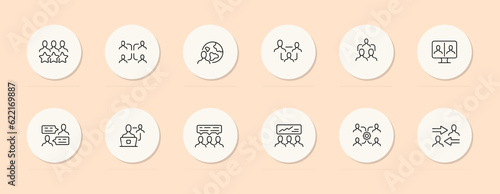 Communication line icon. People, society, screen, chatting, stars, favorites, planet. Pastel color background. Vector line icon for business