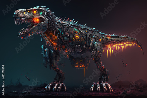 Fototapeta Naklejka Na Ścianę i Meble -  A dinosaur that is a futuristic machine of the future world. Wildlife Animals. Illustration, Generative AI.