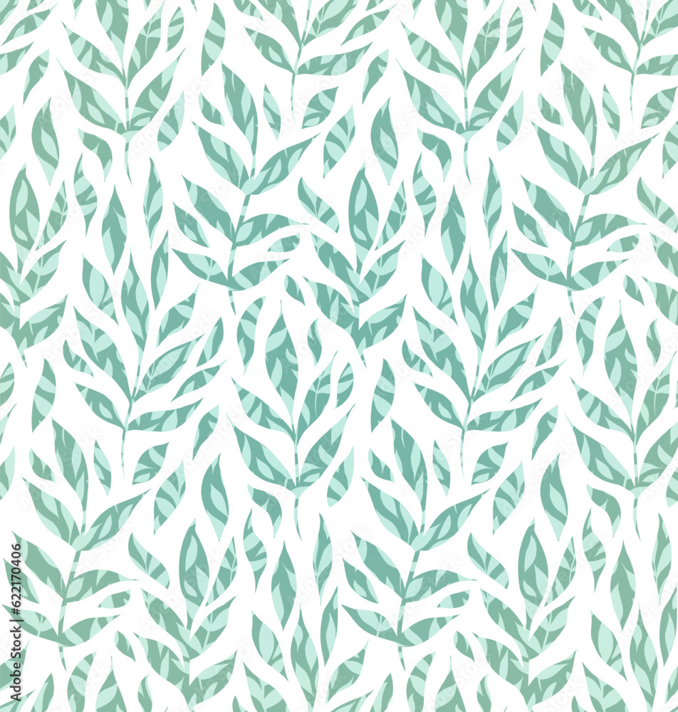 Seamless vector pattern with turquoise foliage on a white background. Decorative texture with decorated leaves. Natural background Seamless vector pattern with turquoise foliage on a white background. Decorative texture with decorated leaves. Natural background