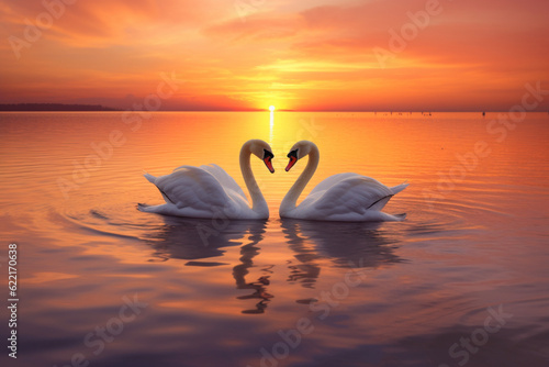 2 majestic white swans swim in the glassy waters of the Baltic Sea in front of a stunning orange sunset  The swans form a heart  soft lightinig