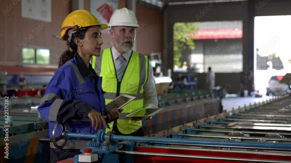 Young professional engineer man and woman discussion during working in industry factory Young professional engineer man and woman discussion during working in industry factory