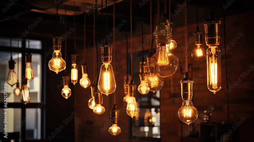 Set of retro lamps of Edisson. Generative ai Set of retro lamps of Edisson. Generative ai