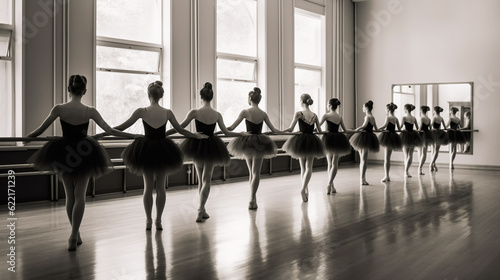 Group of young ballerinas performing a choreographed ballet as they train togethe. Generative ai