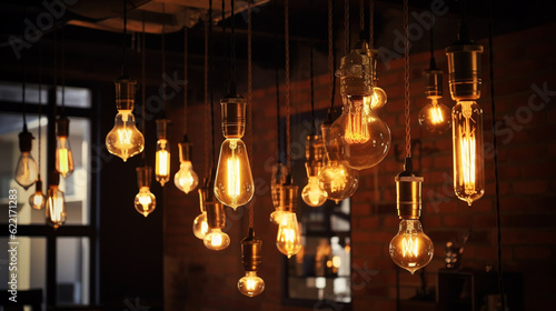 Set of retro lamps of Edisson. Generative ai © alexkich