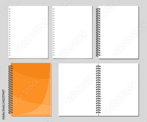 Vector Spiral Notebook Set, collection of 5 cut out illustrations of variety blank notebook pages, group of opened and closed binder paper note books on grey background