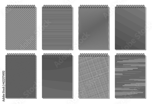 Vector Spiral Notepad Covers, lot collection of 8 cut out illustrations of variety spiral notepad modern cover design, group of closed monochrome paper notepads with blank cover on white background