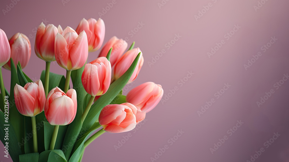 Beautiful bouquet of colorful tulip flowers on pink background, top view with copy space for text Beautiful bouquet of colorful tulip flowers on pink background, top view with copy space for text