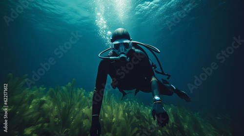 Girl scuba diver diving on tropical reef with blue background and reef fish. Generative ai