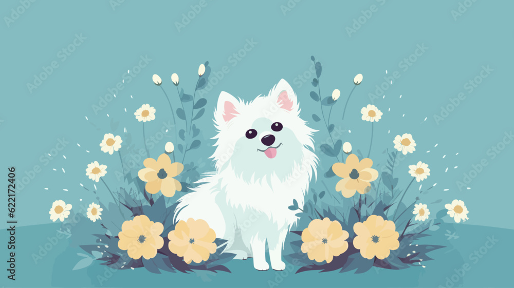 Vector illustration of cute dog and flower field. Vector illustration of cute dog and flower field.