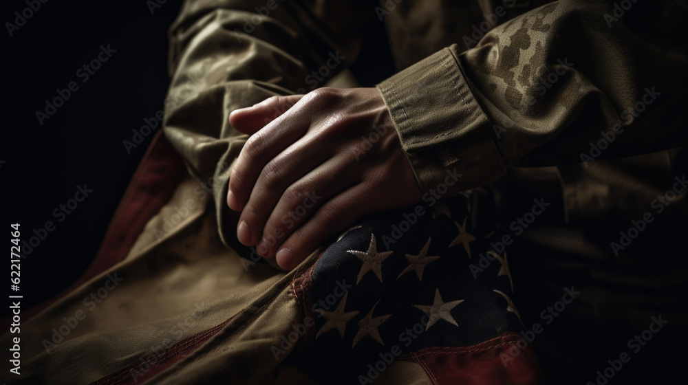 American flag held by a soldier. Generative ai. American flag held by a soldier. Generative ai.