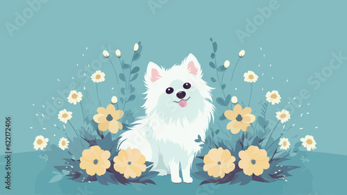 Vector illustration of cute dog and flower field.