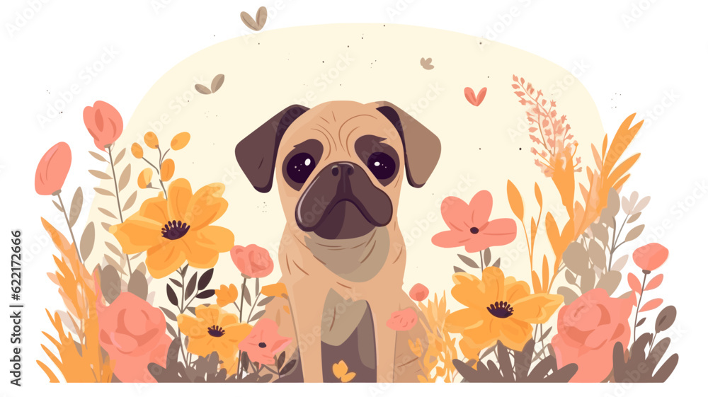 Vector illustration of cute dog and flower field. Vector illustration of cute dog and flower field.