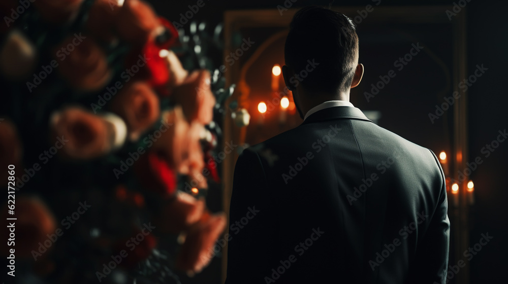 Fototapeta premium groom holding a bouquet. Generative ai.