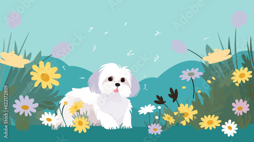 Vector illustration of cute dog and flower field.