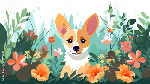 Vector illustration of cute dog and flower field.