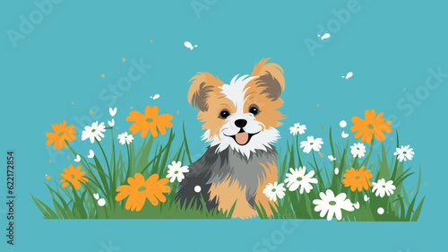 Vector illustration of cute dog and flower field.