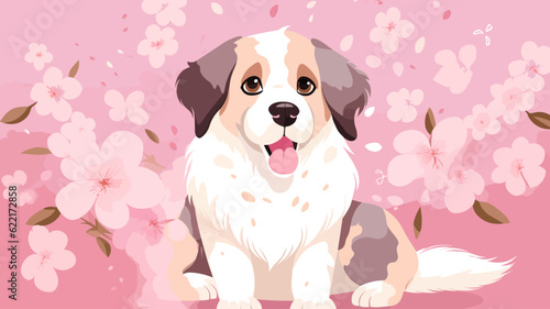 Vector illustration of cute dog and flower field.