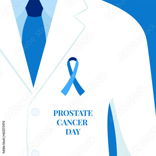 Prostate cancer awareness day poster background. Doctor with blue ribbon pin on white coat. Solidarity ccmpain concept design. Men healthcare support. Medical vector illustration.