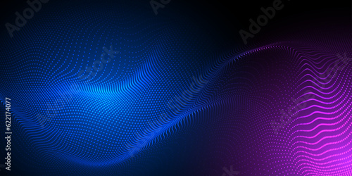 Abstract futuristic blue and pink wave with moving dots. Flow of particles with glitch effect. Ideal vector graphics for brochures, flyers, magazines, business cards and banners. Vector.