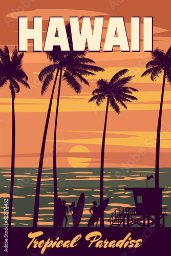 Hawaii vintage travel poster. Sunset beach surfers,