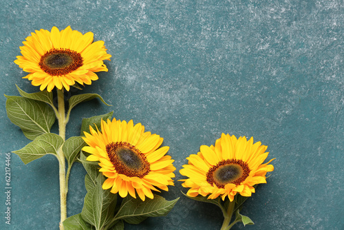 Three bright yellow sunflow...