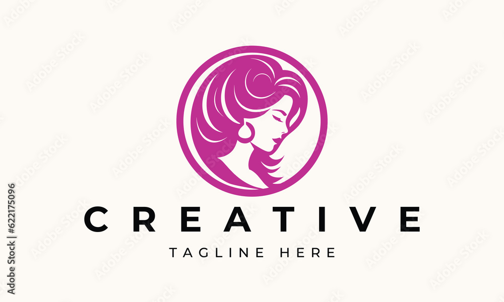 Illustration of women's hairstyle icon, logo with women's face. Vector beauty concept.