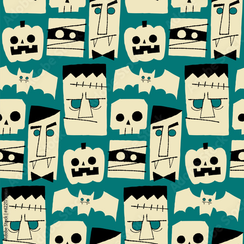 Seamless pattern with whimsical Halloween monsters. Hand-drawn Halloween characters on retro teal green background.