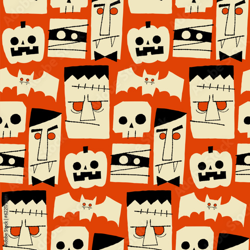 Seamless pattern with whimsical Halloween monsters. Hand-drawn Halloween characters on retro red background.