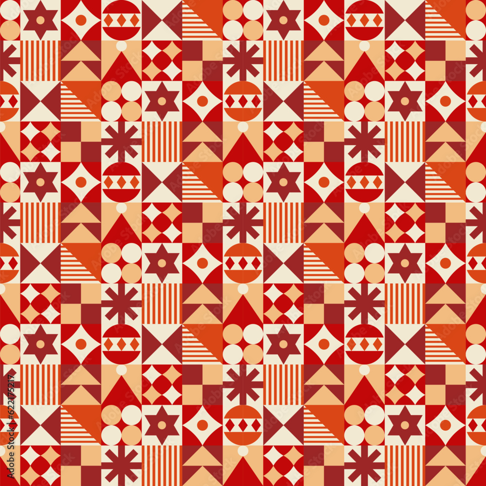 Seamless pattern with geometric Christmas motifs. Repeatable pattern tile design for winter holidays in neo geometric style. For wrapping paper, wallpaper, textile, poster background, etc. Seamless pattern with geometric Christmas motifs. Repeatable pattern tile design for winter holidays in neo geometric style. For wrapping paper, wallpaper, textile, poster background, etc.