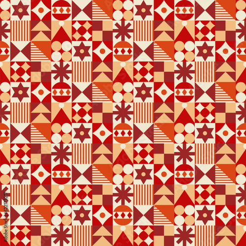 Seamless pattern with geometric Christmas motifs. Repeatable pattern tile design for winter holidays in neo geometric style. For wrapping paper, wallpaper, textile, poster background, etc.