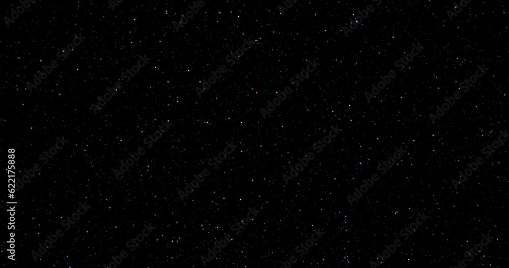 Flying through realistic starfield from outer space with star motion, twinkling or blinking stars, and haze animation.