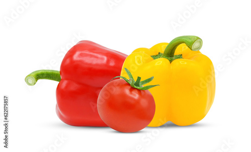 Fresh whole tomato and red yellow bell pepper isolated on transparent background. PNG