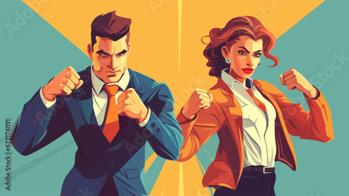 Vector illustration of business man and woman standing, posing, business people.