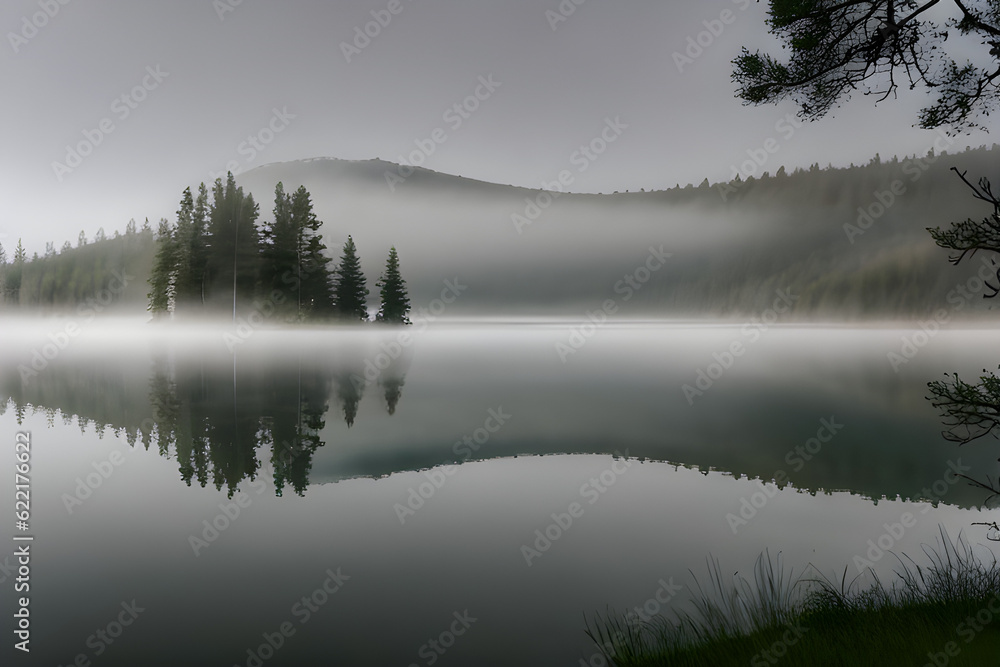 a dreamy and mysterious lake covered with mist. Generative AI