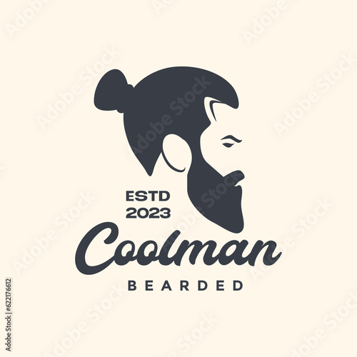 man hairstyle bun bearded barbershop mascot vintage simple logo icon vector illustration