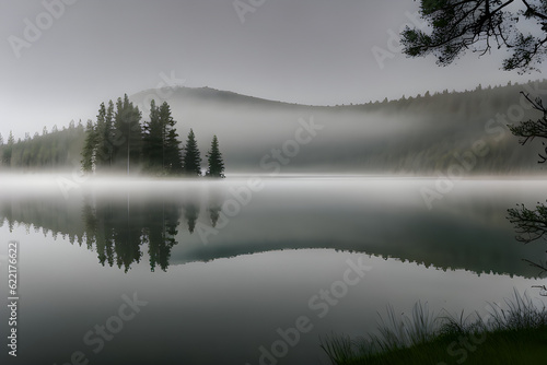 a dreamy and mysterious lake covered with mist. Generative AI © Narae