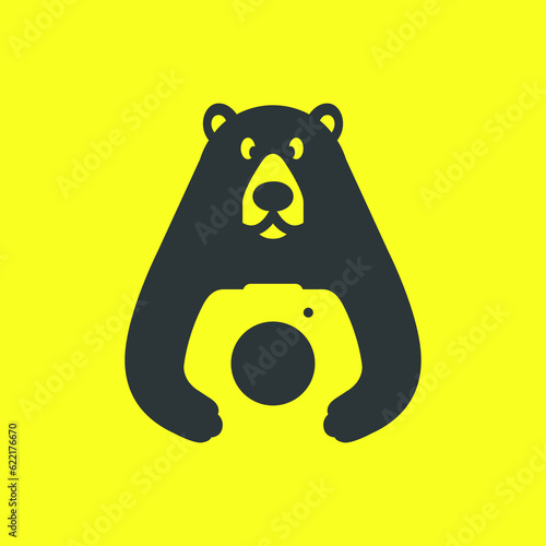 honey bear cute photographer camera lens mascot modern simple logo icon vector illustration