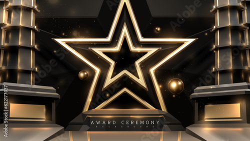 Award ceremony background with gold star frame and black podium with ball elements floating around with golden light effect and bokeh decoration. Elegant style scene design.