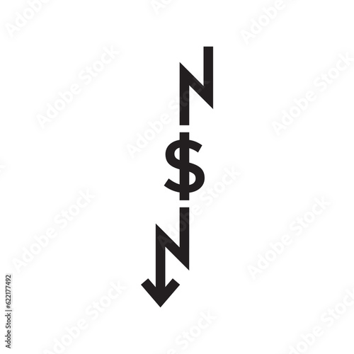 dollar cost down or lower price. flat trend simple currency logotype thin line art design infographic element isolated on white. concept of recession in global international financial statistics