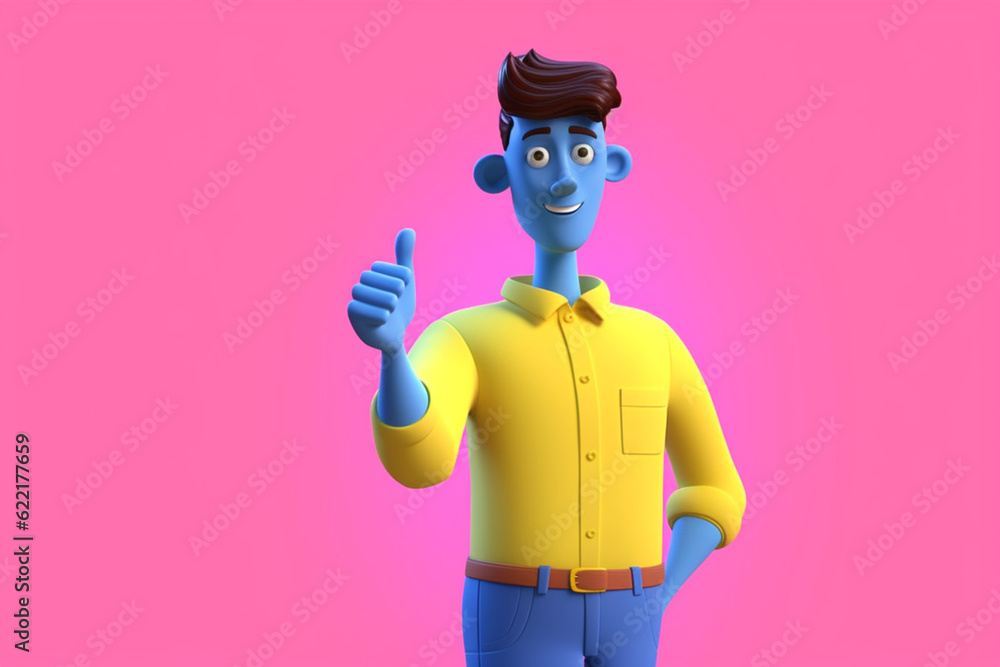3d Cartoon character young man with blue skin wears pink shirt isolated on yellow background, Shows side index finger gesture, Recommendation concept