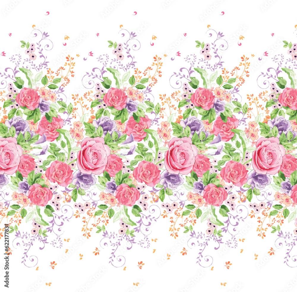 flowers and leaves pattern illustration. Peony, lily, daisy floral vintage elements fabric texture. White color background..
